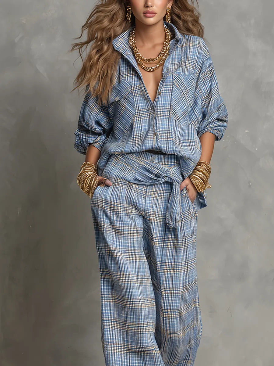 Relaxed Blue Plaid Shirt Wide Leg Pants Set