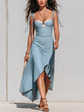 Elegant Sky Blue Lace Bust Ruched Asymmetric Midi Dress