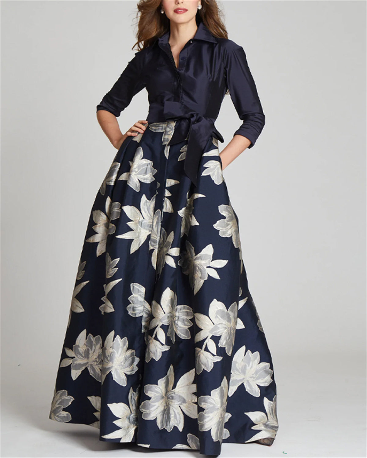 Women's Waist Jacquard with Large Floral Shirt  Maxi Dress - 01