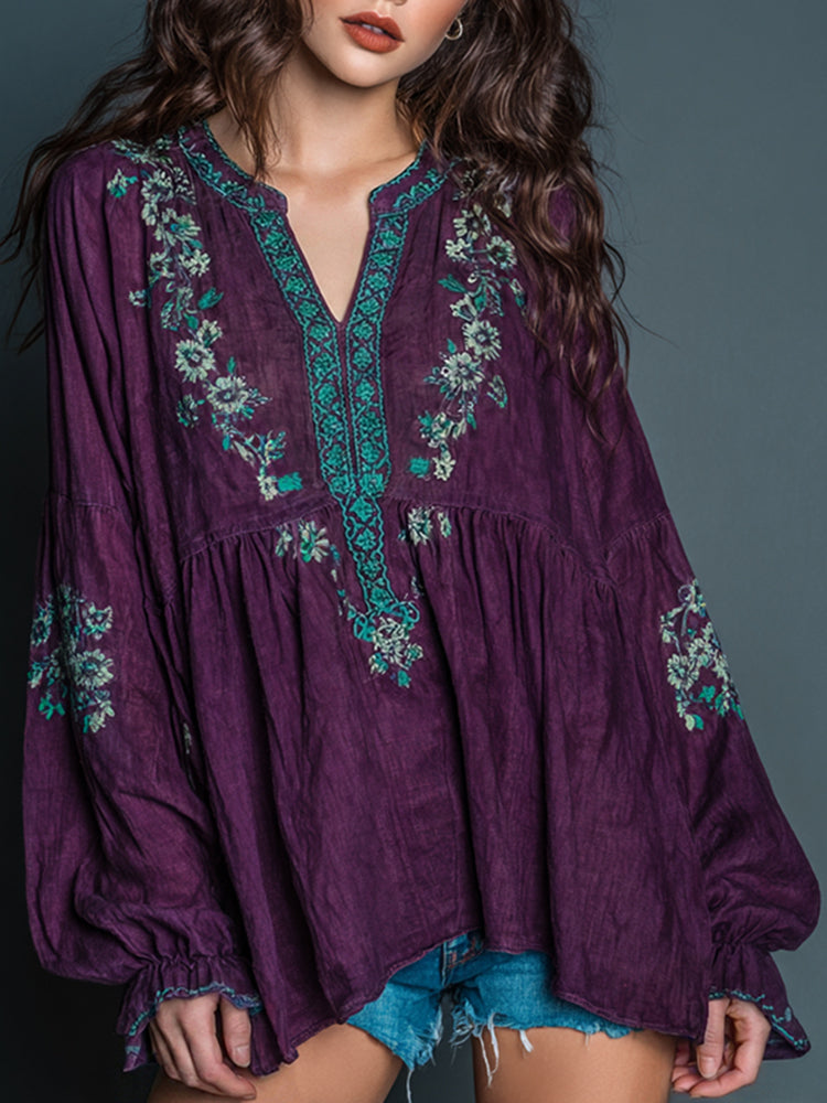 Women's Casual Floral Embroidered Art Print Flowy Linen Blend Tunic
