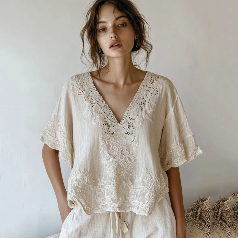 Vintage Floral Lace Embroidered Comfy V Neck Shirt