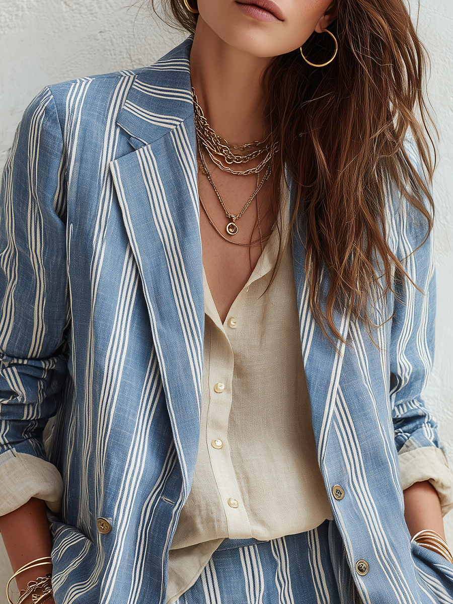 Bohemian Sky Blue Striped Suit Jacket