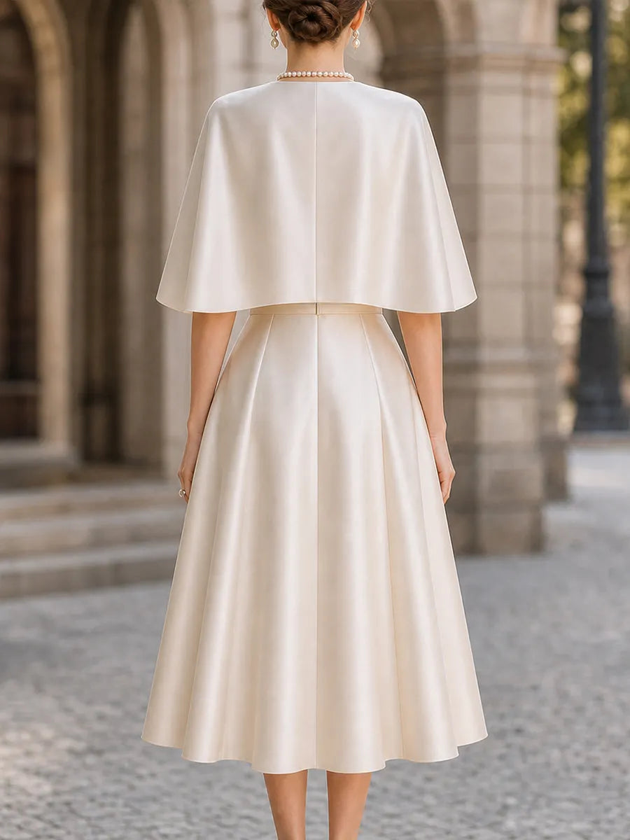 Elegant Satin Cape-Sleeve A-Line Midi Dress