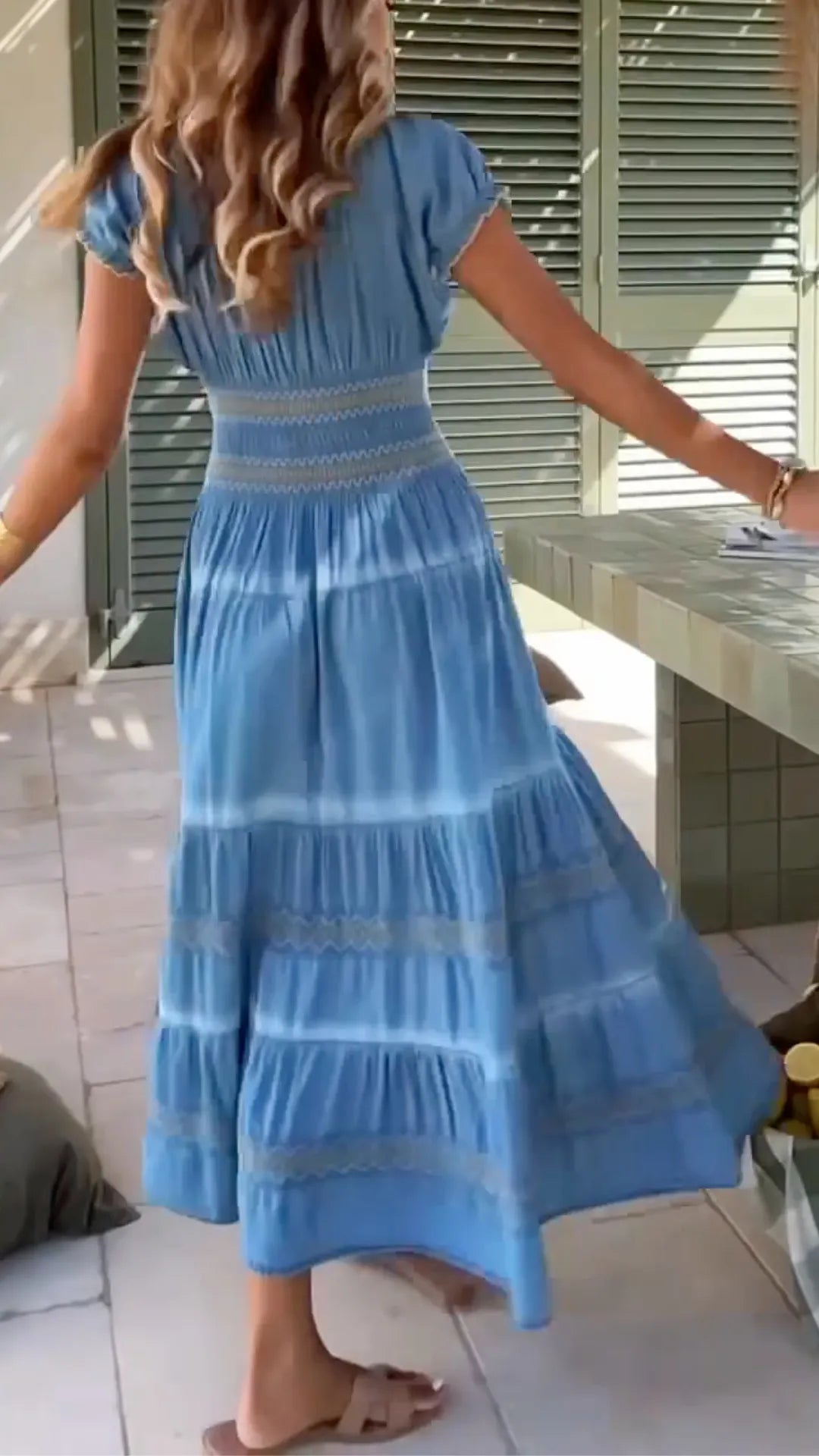 Blue Square Neck Denim Puff Sleeve Maxi Dress