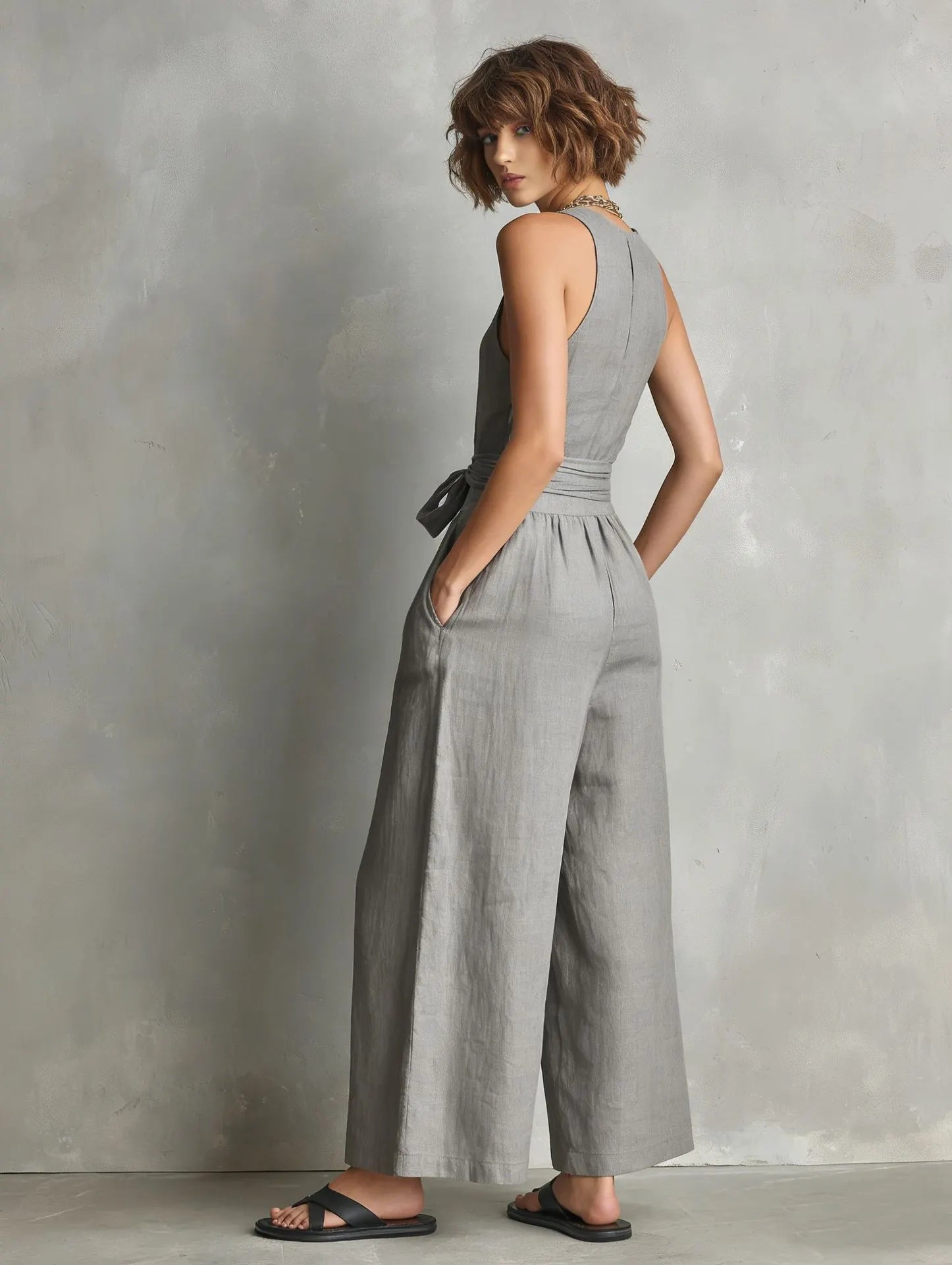 Gurtons Elegant Waist-Knot Jumpsuit - Sleeveless Wide-Leg One-Piece Quiet Luxury Set