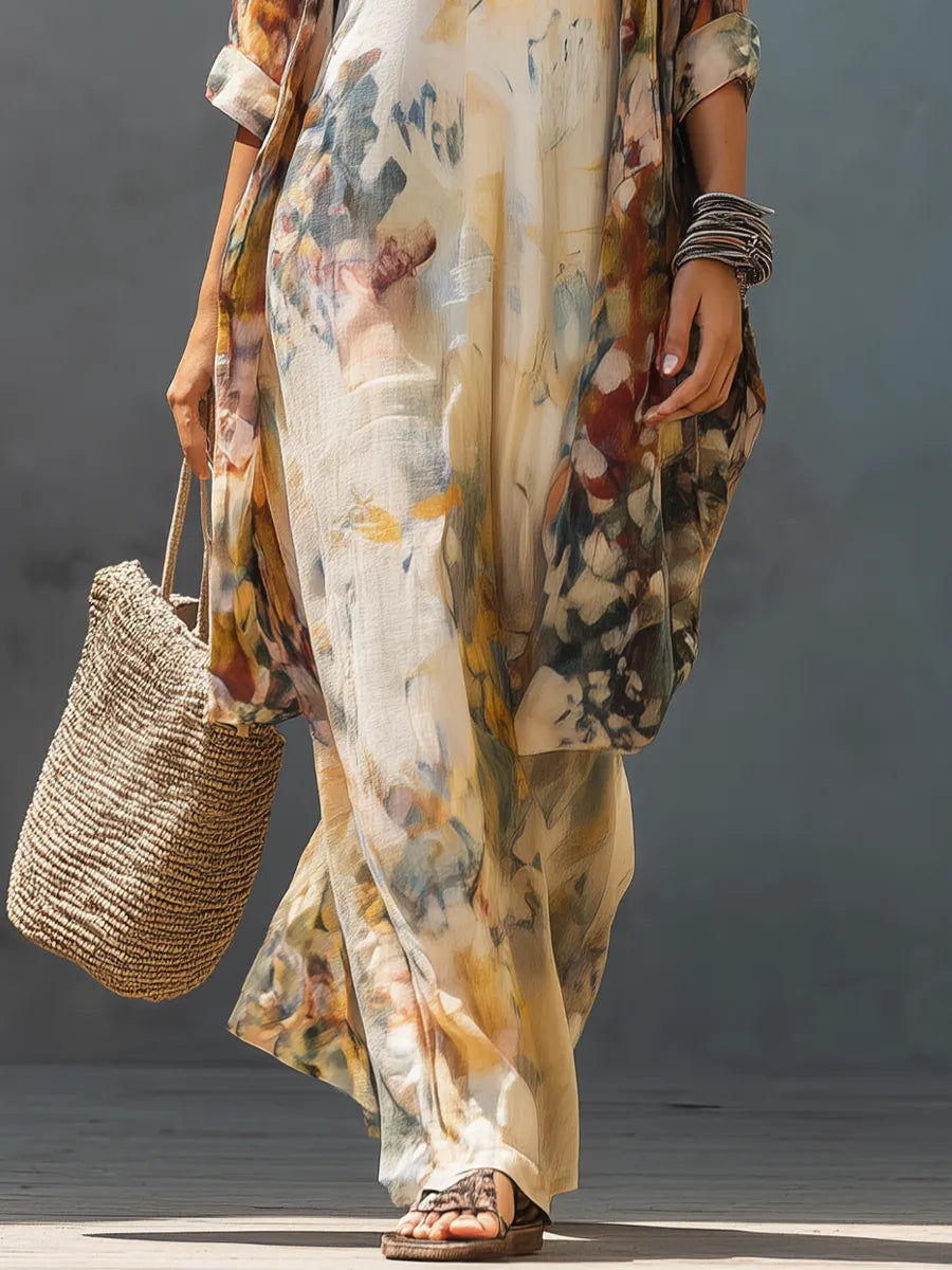 Artistic Floral Print Cami Dress & Longline Kimono Set