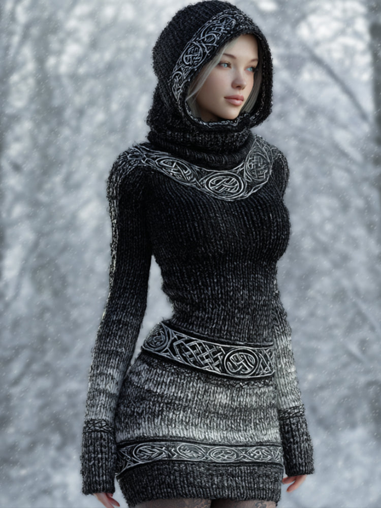 Viking Style Mysterious Celtic Knot Gradient Hooded Skirt