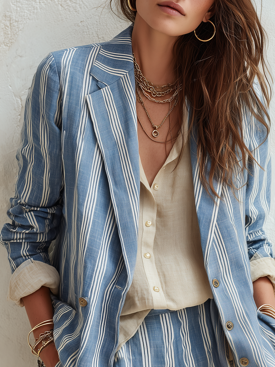 Bohemian Sky Blue Striped Suit Jacket