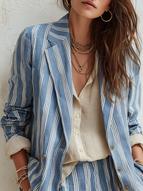 Bohemian Sky Blue Striped Suit Jacket