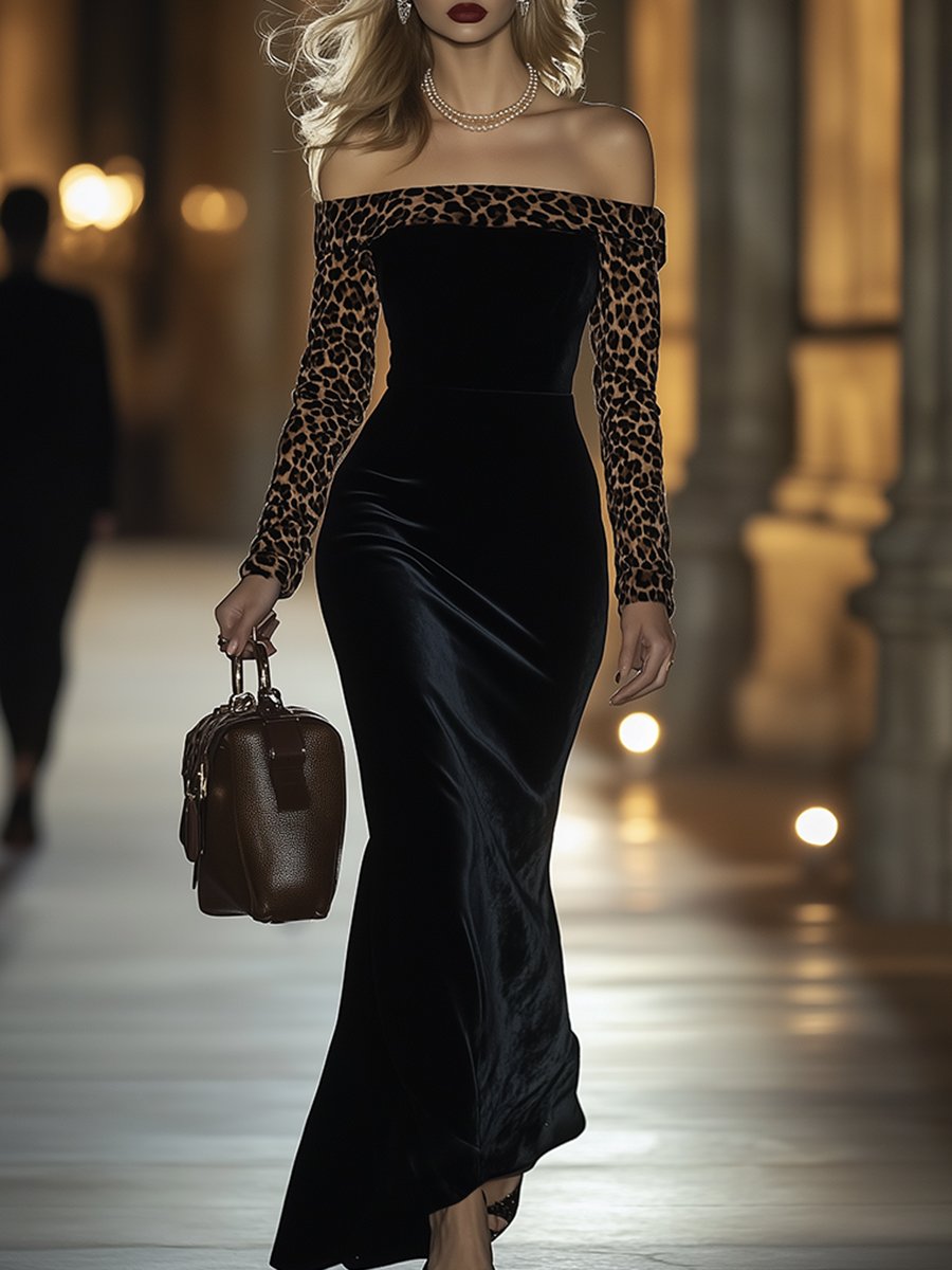 [24-hour shipping]Retro Elegant High-End One-Shoulder Leopard Print Velvet Dress