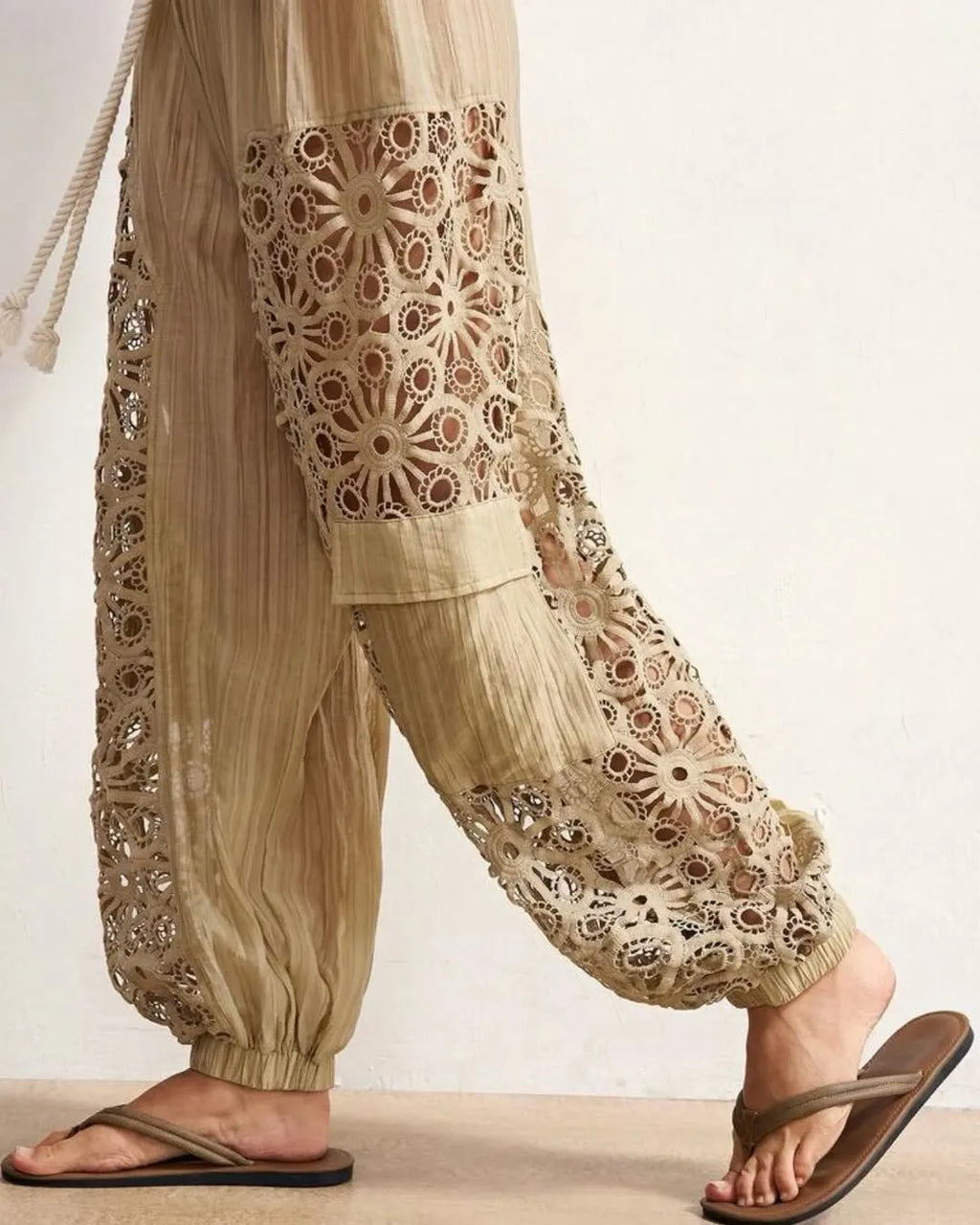 Beige Lace Cutout Drawstring Harem Pants