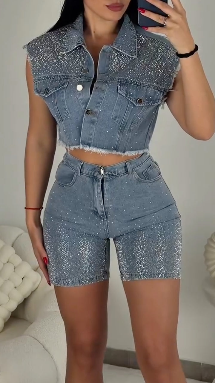 Women's Collared Rhinestone Denim Vest & Shorts Set