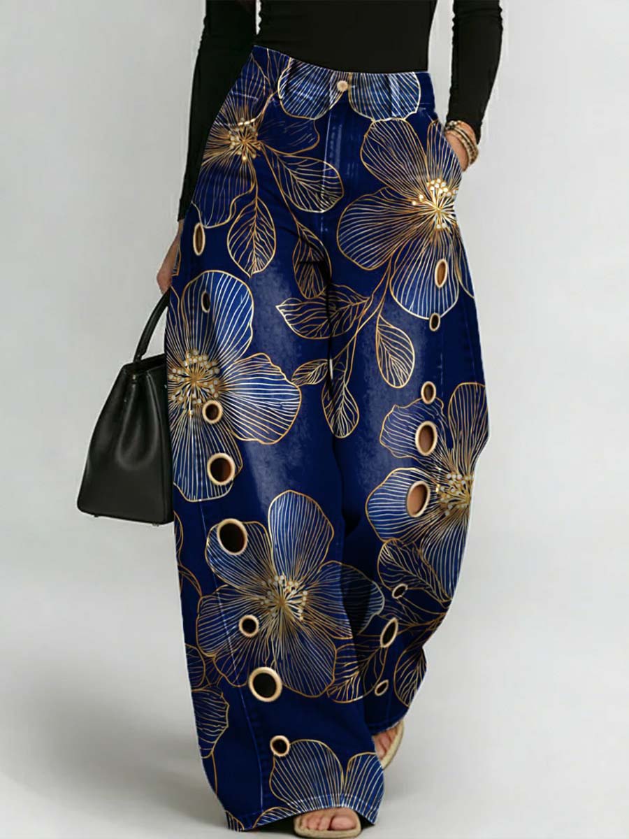 Women's Retro Floral Art Print Casual Stylish Hollow Denim Pants