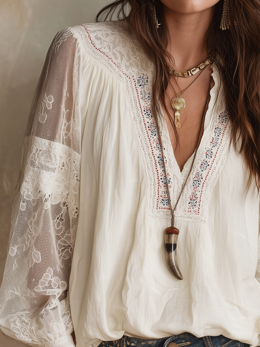 Romantic Vintage Sheer Cotton Lace-Paneled Balloon-Sleeve Cream Blouse