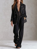 Sophisticated Black Gold Stitch Double Breasted Suit Set