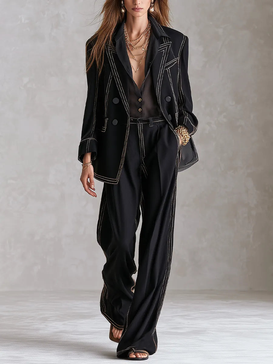 Sophisticated Black Gold Stitch Double Breasted Suit Set
