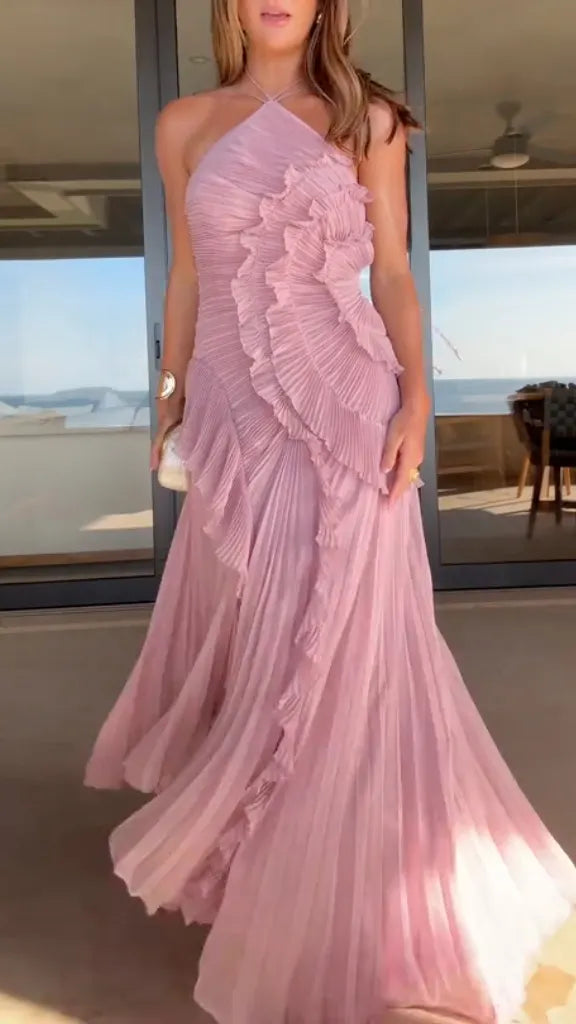 Pleated Ruffle Asymmetrical Hem Halter Neck Maxi Dress