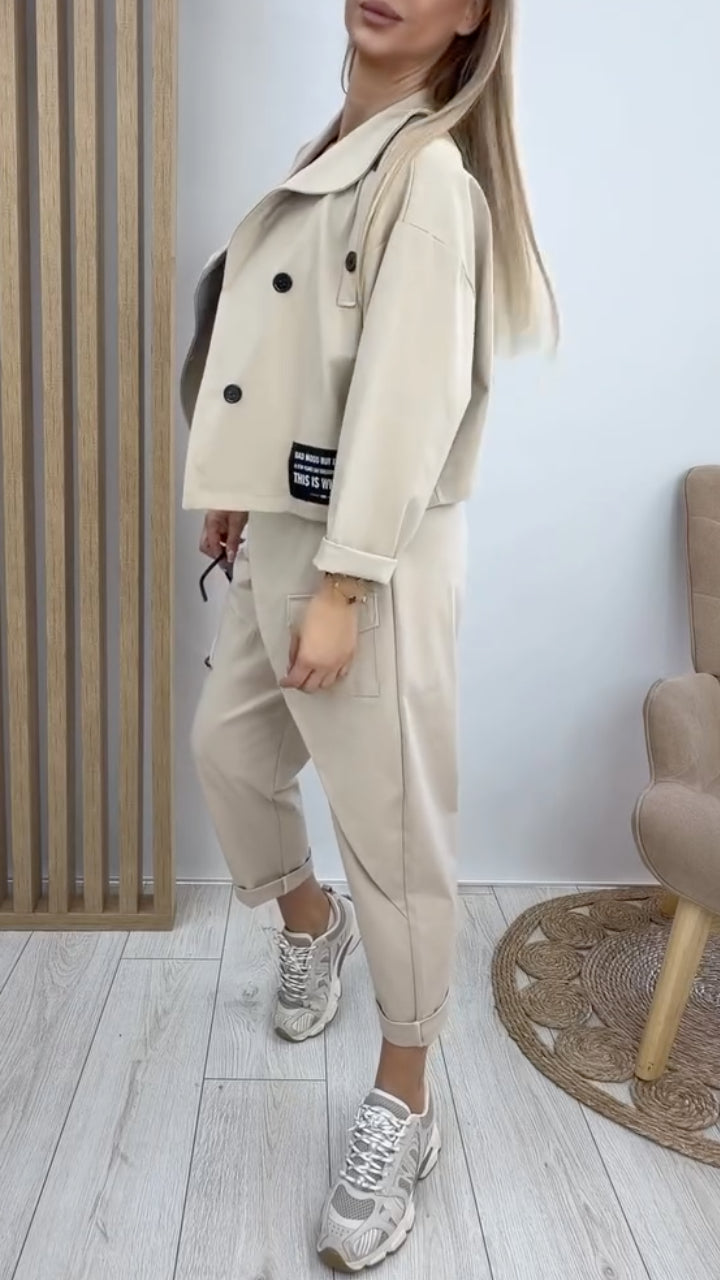 Cropped Trench Coat & Asymmetrical Wrap Cargo Pants Set