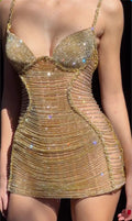 Gold Spaghetti Strap Rhinestone Sheer Mesh Mini Evening Dress - Bustier Bodycon Cocktail Gown