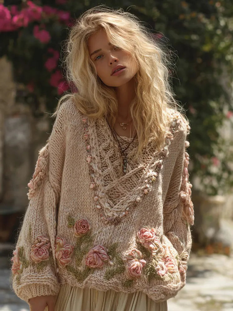 Women's Boho Rose Chunky Knit Crew Neck Aran Sweater