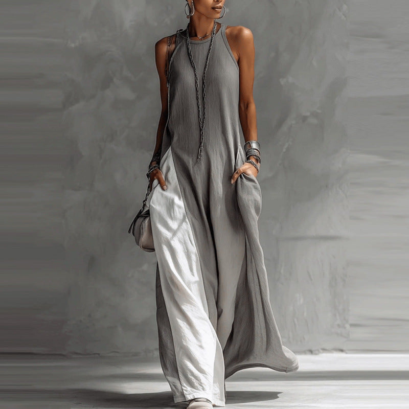 Dadihouse Avant-Garde Halter Maxi Dress - Contrast Color-Block Loose Fit Art-Style Gown