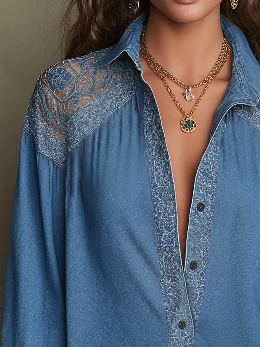 Elegant Blue Lace Yoke Shirt Dress