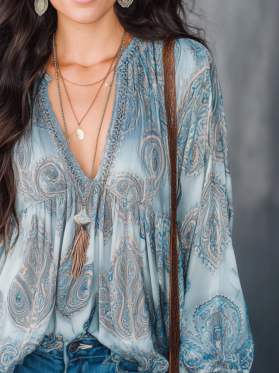 Boho Paisley V-Neck Ruched Bust Relaxed Fit Flowy Blouse
