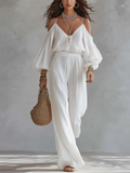 Bohemian Style White Cotton Linen Camisole Top And Wide-leg Pants Set