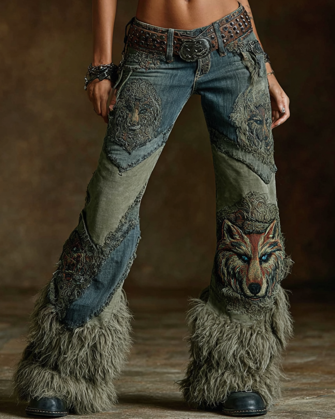 Women's Spring Viking-Inspired Embroidered Faux Fur Patchwork Design Trousers  1197