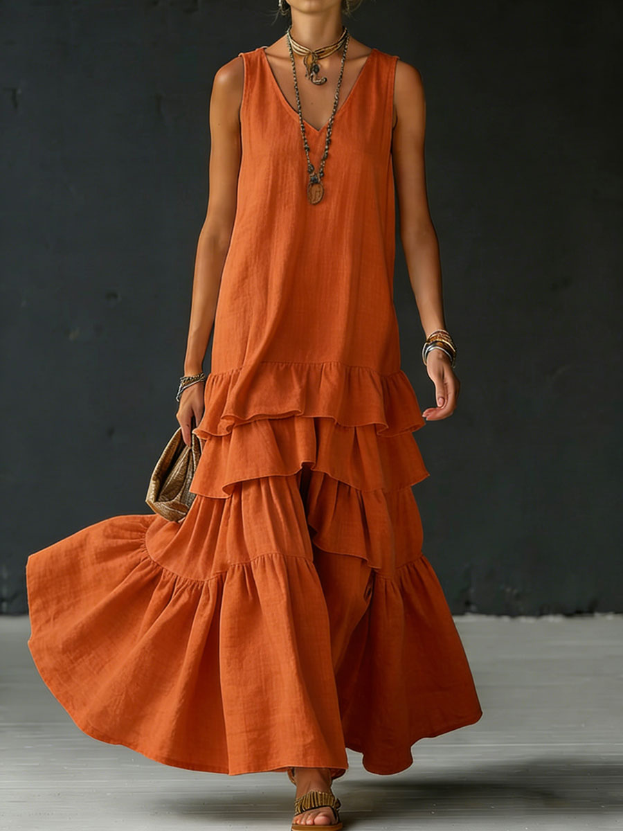 Women's Cotton And Linen Loose-fitting Solid Color Vest Dress