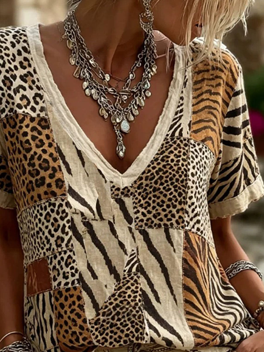 Women's Leopard Print V-neck T-shirt
