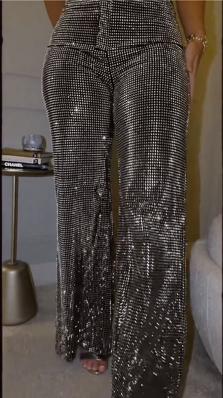 Rhinestone‑Embellished Flare Pants