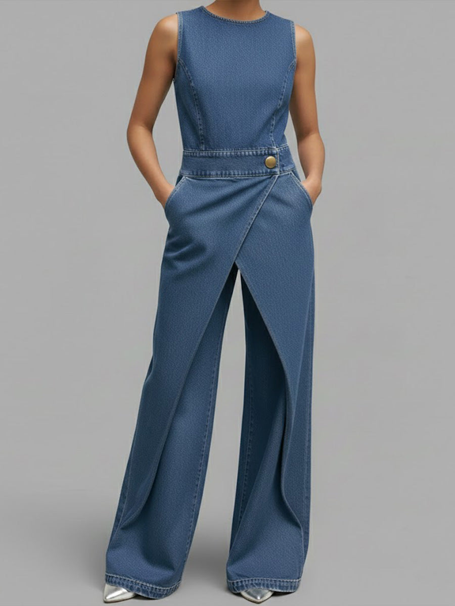 Women's Relaxed Round Neck Sleeveless Casual Loose Denim Wide-leg Jumpsuit