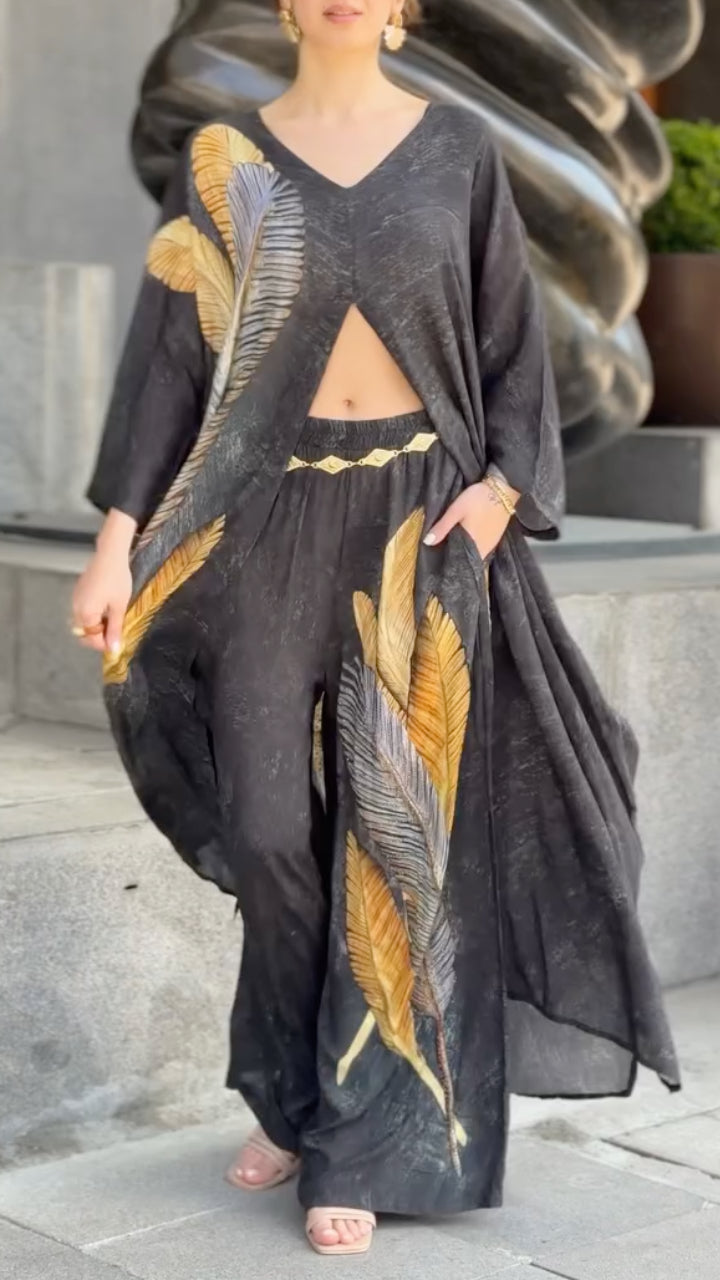 Print Cutout Long Sleeve Top & Wide Leg Pants Co‑Ord Set