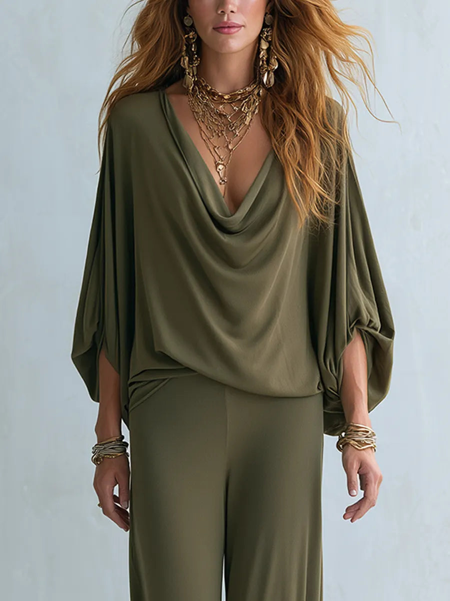 Bohemian Olive Green Batwing Sleeve Top Trousers Suit