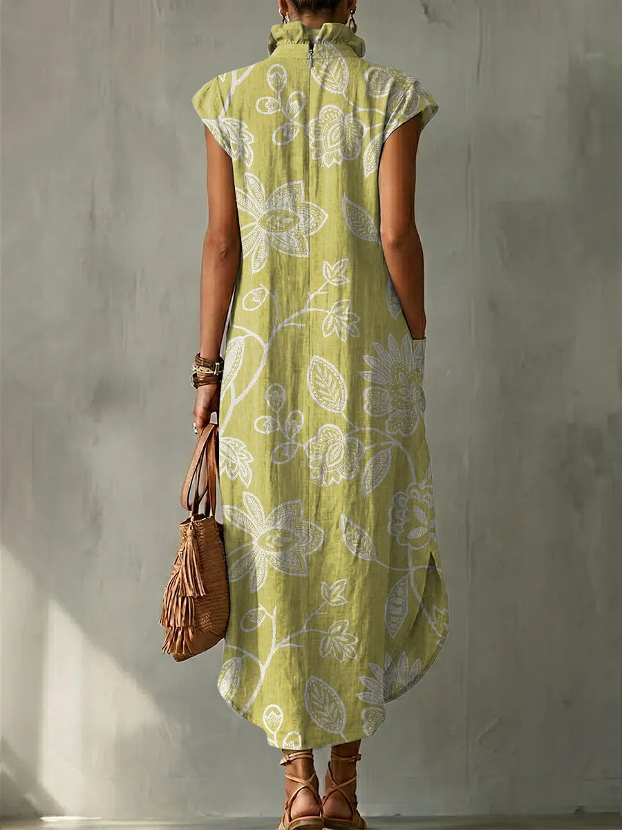 Elegant Floral And Botanical Decorative Patterns Women's No Sleeve Linen Cotton Dress