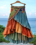 Summer colorful vacation patchwork cotton and linen contrast color dress cdb9