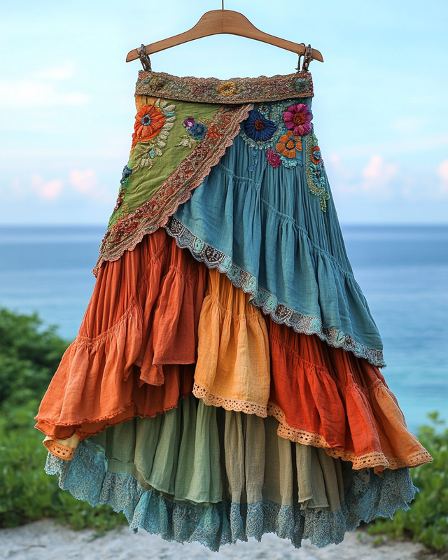 Summer colorful vacation patchwork cotton and linen contrast color dress cdb9