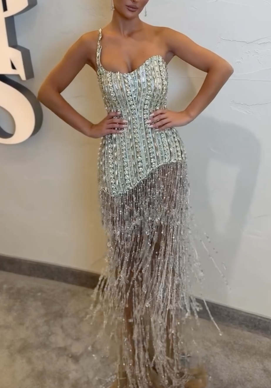 Silver Beaded One-Shoulder Mini Dress with Fringe Hem & Crystal Embellishments