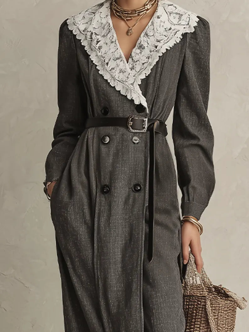 Elegant Charcoal Lace Collar Double-Breasted Maxi Dress