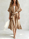 Tie-Dye Stripe Open Front Belted Kimono Cardigan