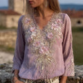 Vintage Glitter Flowers Embroidered V Neck Linen Tunic