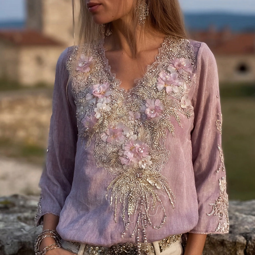 Vintage Glitter Flowers Embroidered V Neck Linen Tunic