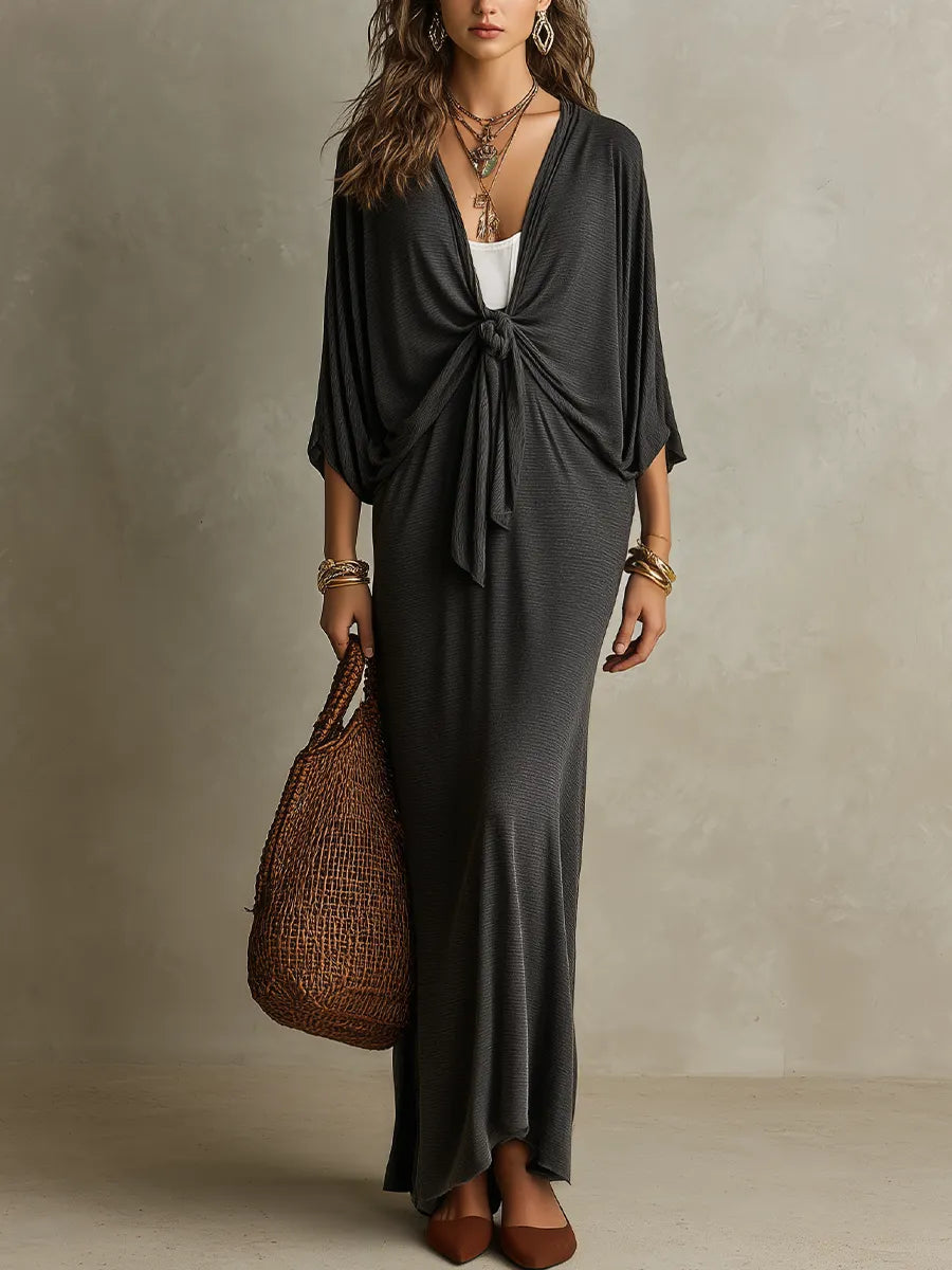 Effortless Charcoal Front-Tie Maxi Dress