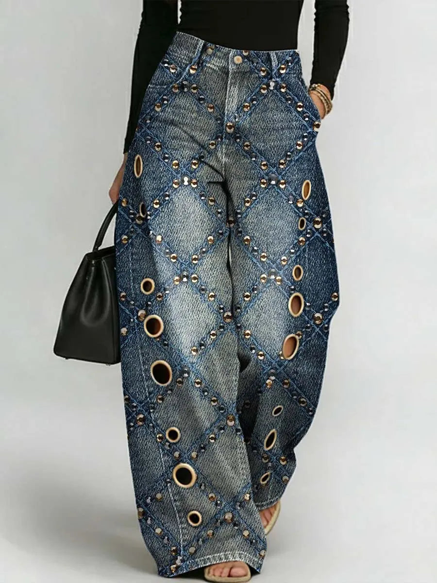 Women's Retro Art Print Casual Stylish Hollow Denim Pants