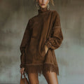 Women's Autumn And Winter Western Retro Suede Fabric Loose Casual Stand Collar Tassel Dress