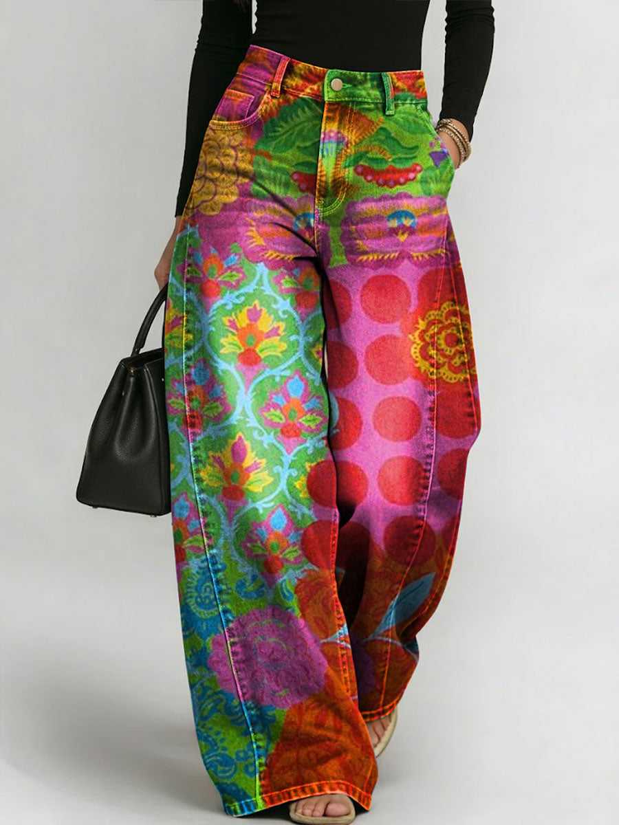 Women's Retro Colors Flowers Print Casual Straight-leg Pants