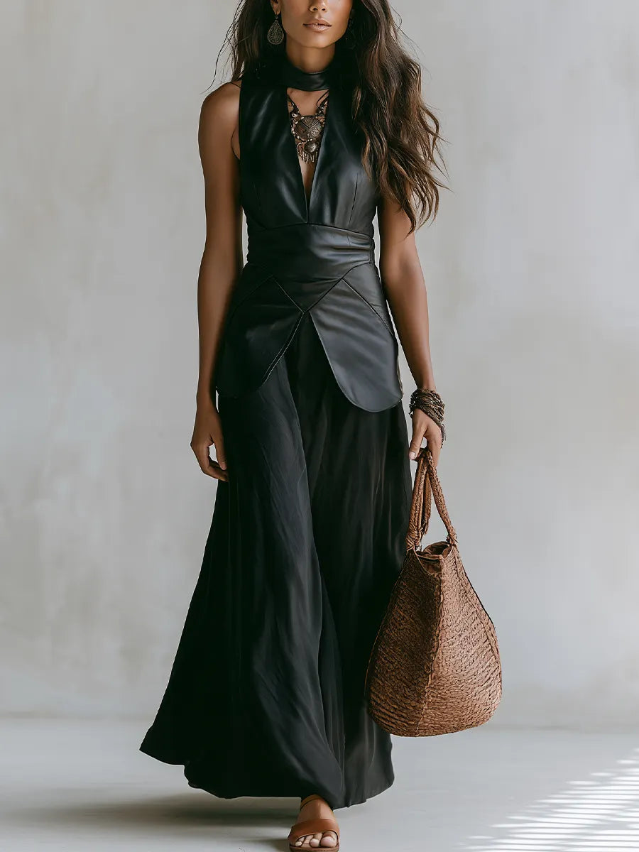 Sophisticated Black Faux Leather Skirt Set