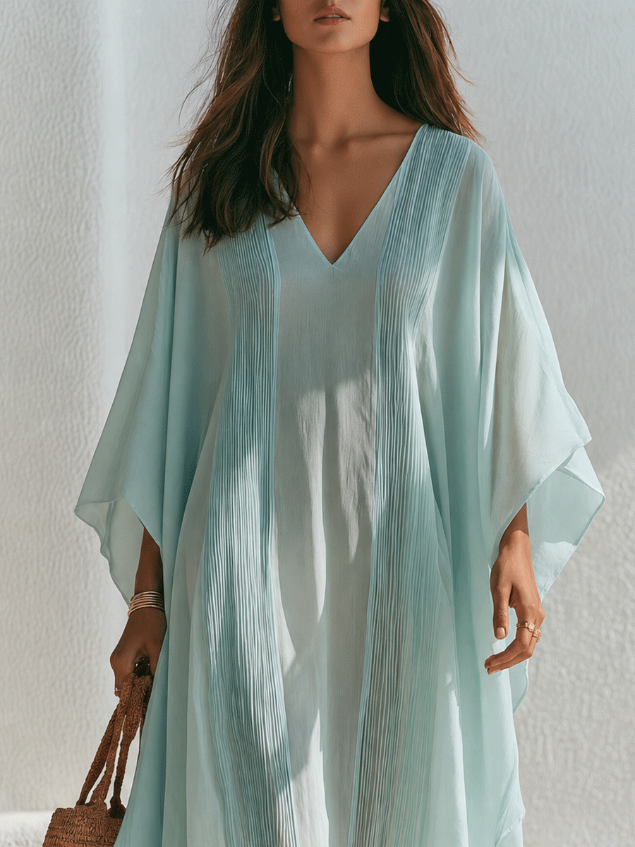 Effortless Resort Chiffon Pleated V-Neck Batwing Mint Blue Kaftan Maxi Dress
