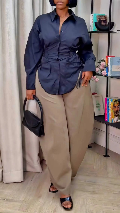 Black Corset Shirt & Beige Trouser Set